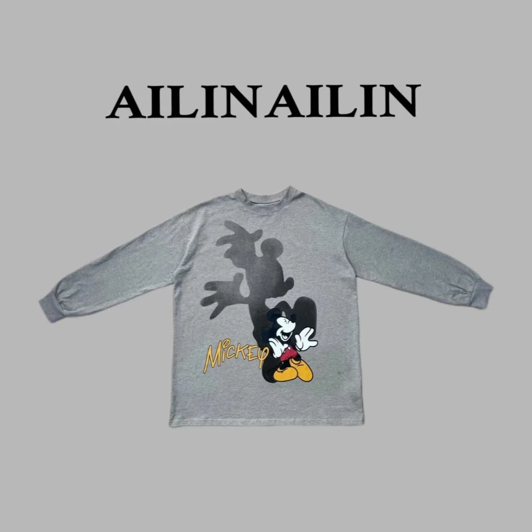 【米奇】灰色圆领卫衣春秋长袖宽松上衣长袖卫衣时尚休闲印花设计师