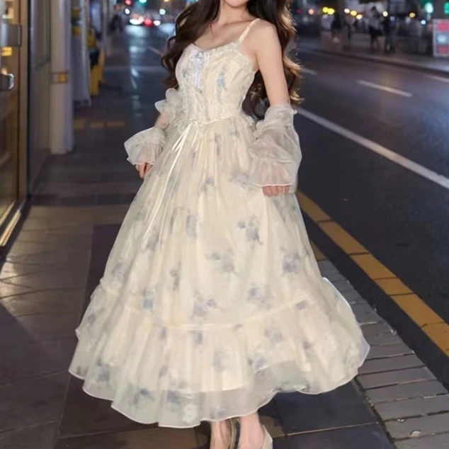 84001 花落绊歌 温柔甜美蕾丝花边吊带裙+开衫两件套/短袖连衣裙