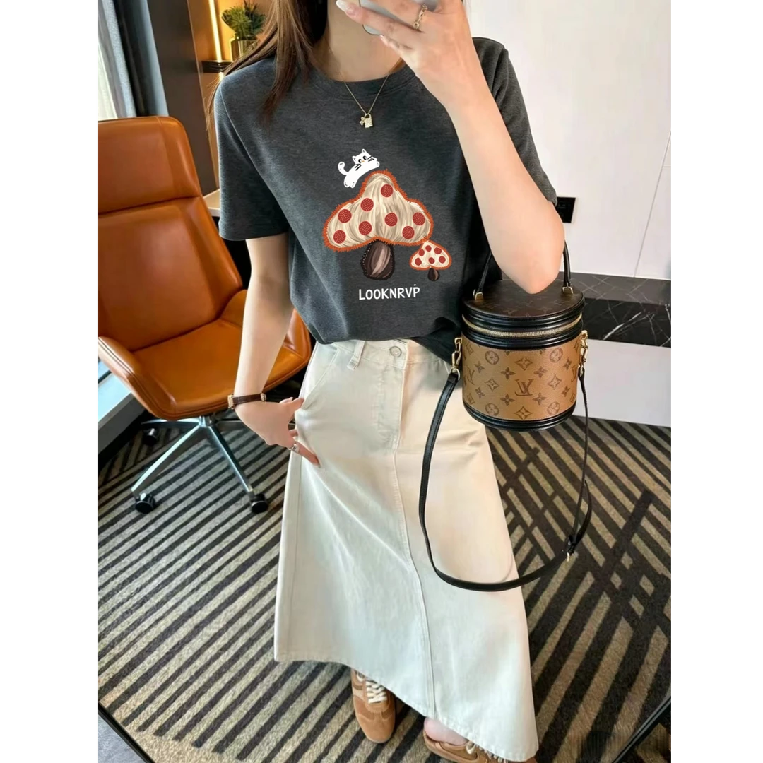 【汐月女神~蘑菇小猫】南油定制夏季韩系宽松显瘦减龄短袖T恤女