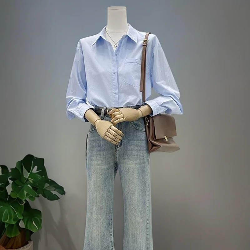 纯棉蓝色衬衫女秋季新款别致漂亮通勤女装法式高级感轻奢长袖上衣