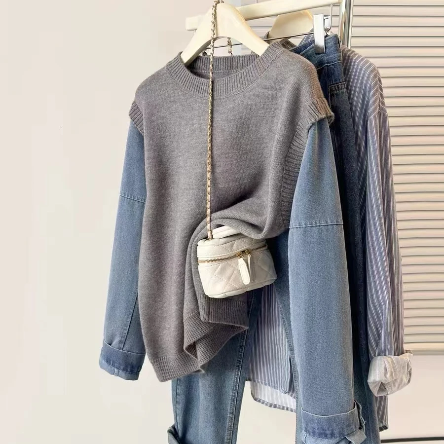 【牛仔袖】早春时尚休闲宽松圆领套头针织假两件长袖女士上衣-9884