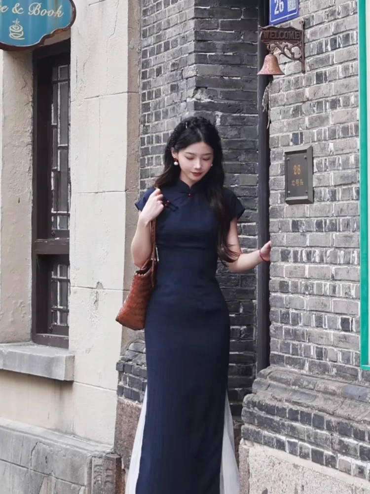 （青黛）长度125单层透气轻薄后拉链旗袍复古文艺显瘦气质日常订婚