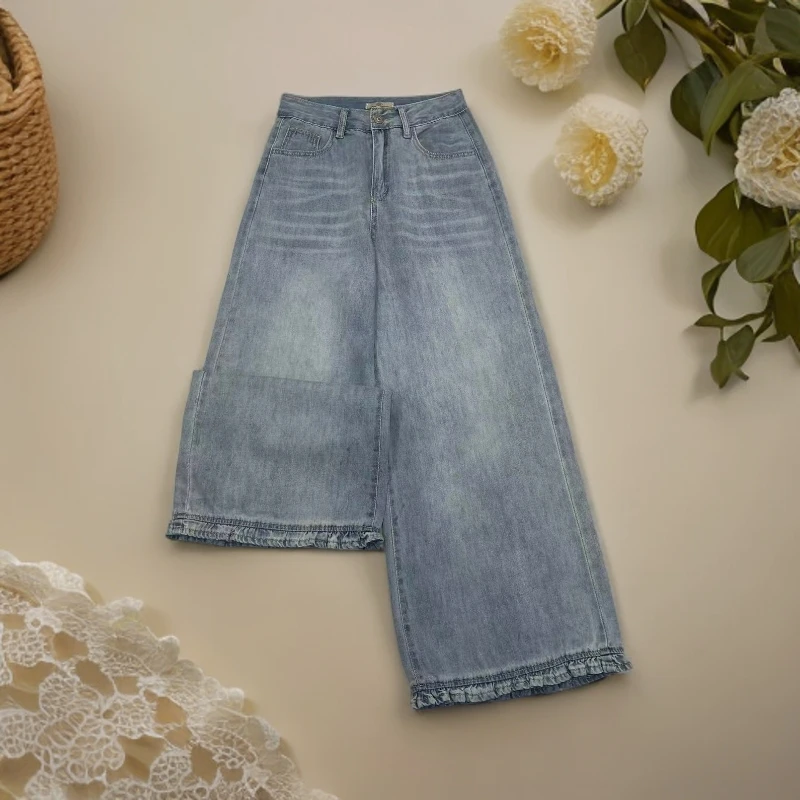 8199花边阔腿牛仔裤女装气质显瘦时尚百搭牛仔裤