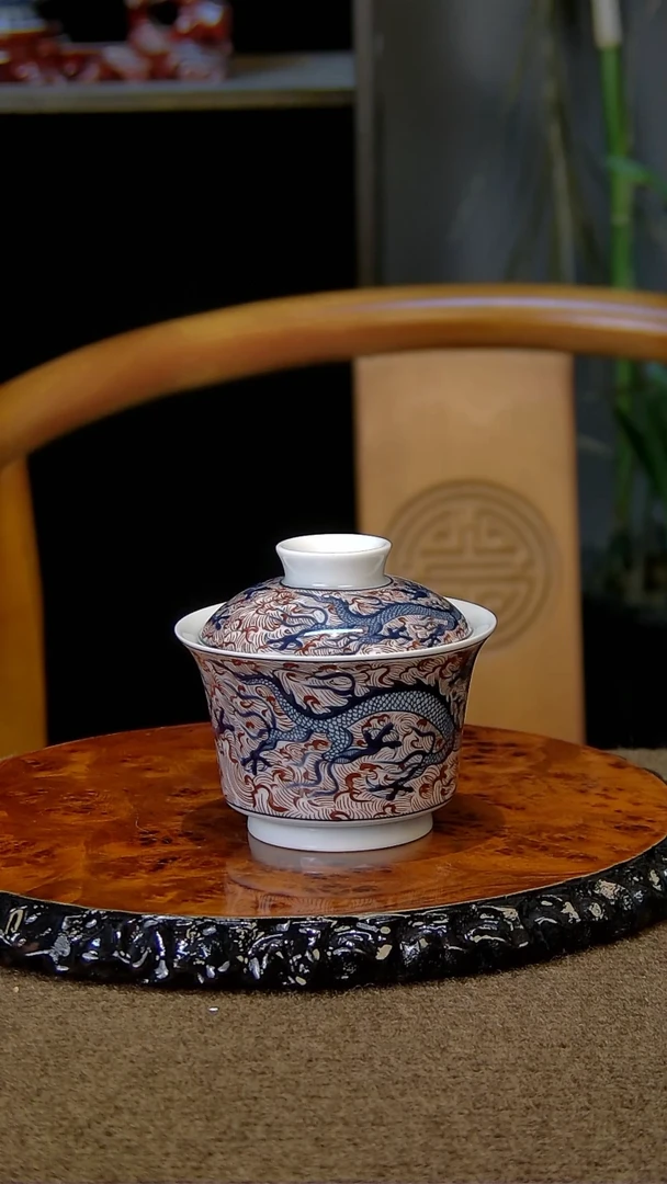 青花釉里红海水元龙盖碗