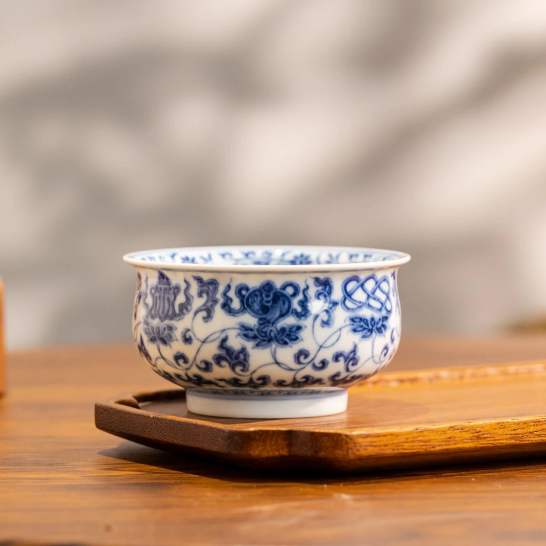 【瑶瑶甄选】望月怀古莲托八吉祥炉式杯精工手绘景德镇陶瓷品茗杯
