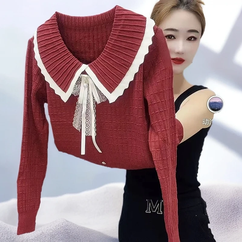 秋季长袖娃娃领针织衫气质减龄显瘦小香风打底衫长袖宽松时尚气质