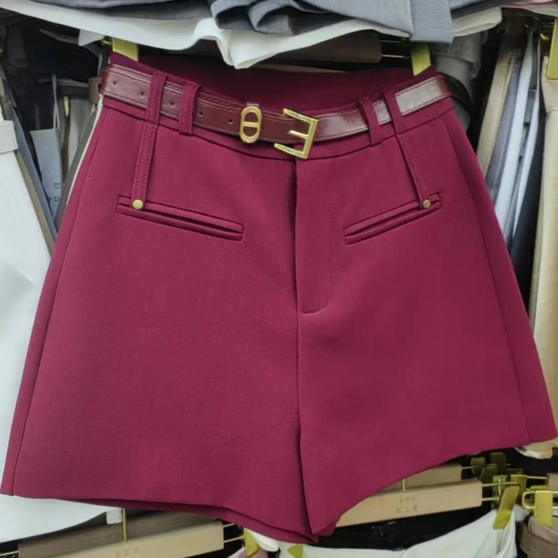 配腰带安克拉红西装高腰短裤女2025春季新款显瘦阔腿a字通勤热裤