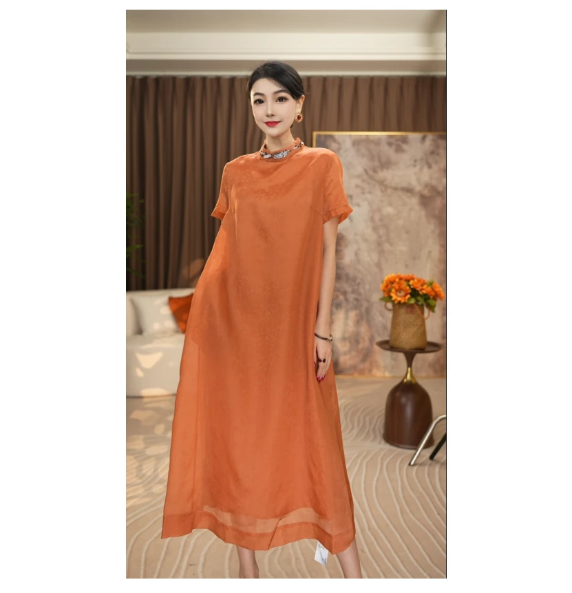 825001-1 碧落·超重工钉珠暗纹底花真丝欧根纱连衣裙