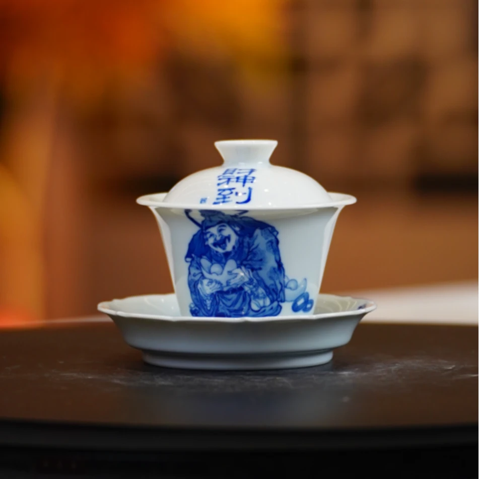 【樊匠造器】国风青花福禄寿喜三才盖碗