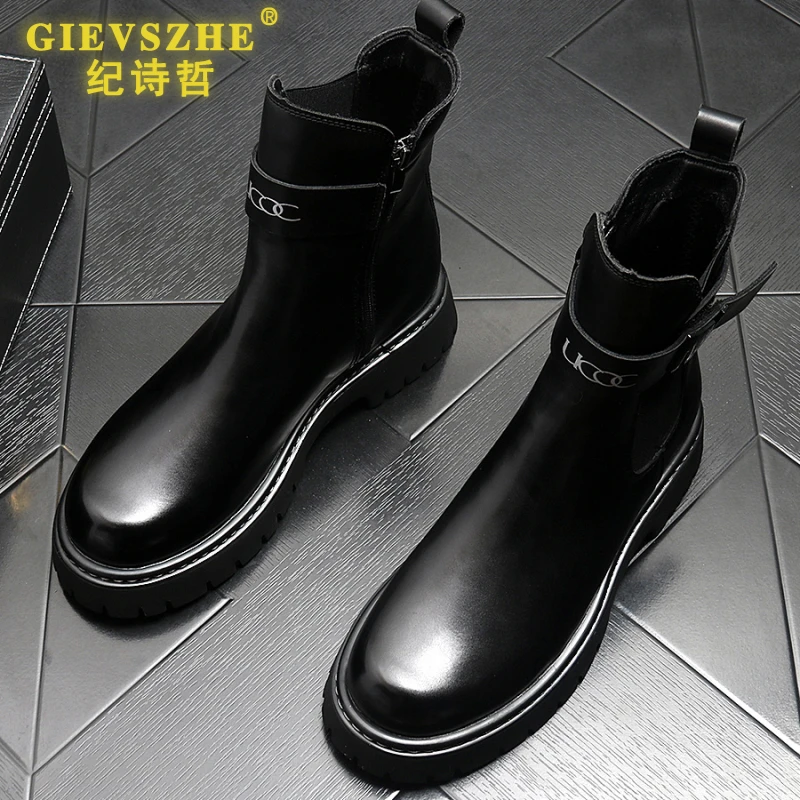 纪诗哲马丁靴子男春季新款百搭皮靴男士时尚短靴英伦风切尔西靴