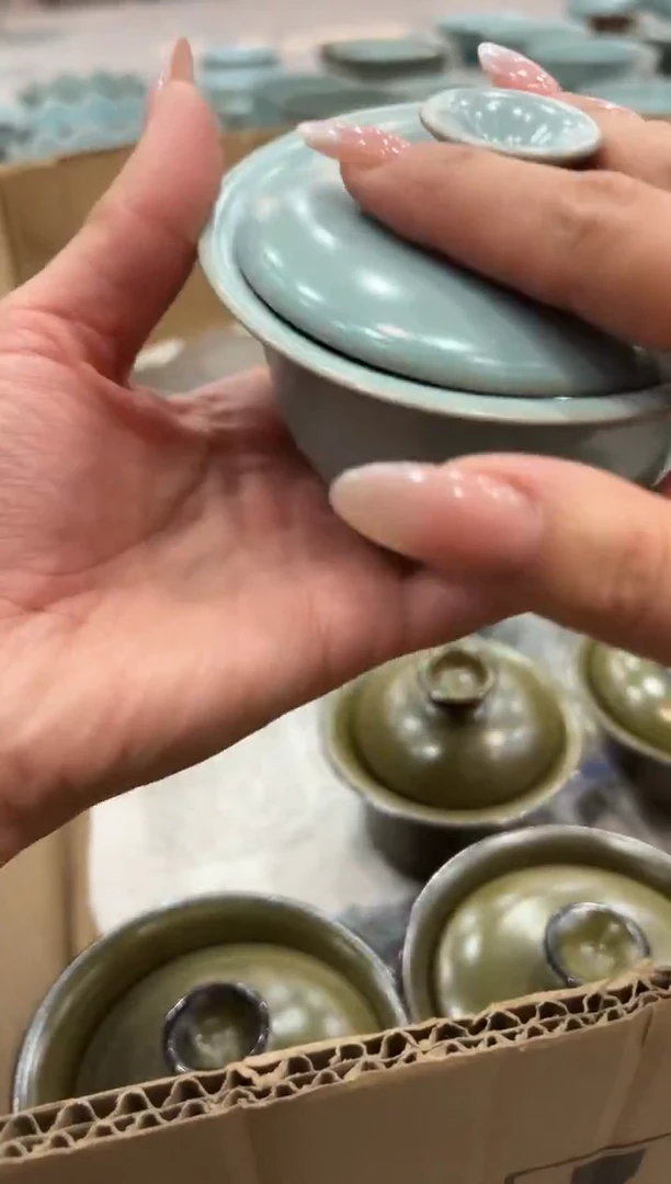 瓷片仿古元宝二才盖碗瑕