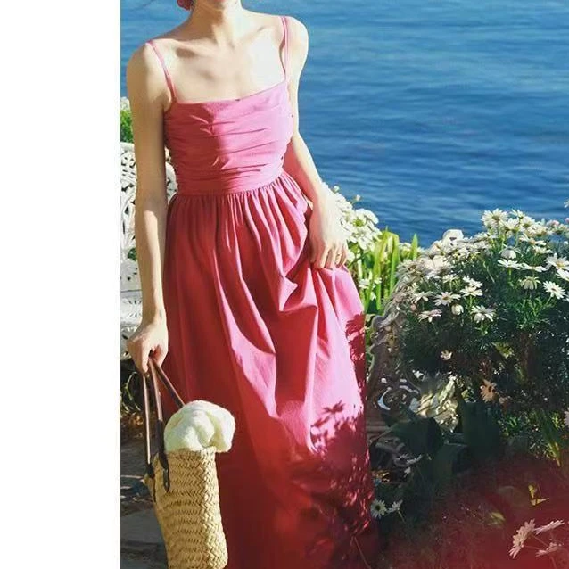 无袖吊带夏季法式长裙连衣裙长款气质高腰吊带裙小众