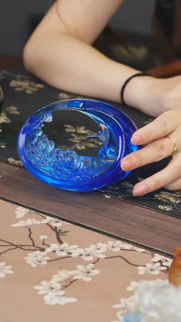 手工艺品琉璃蓝色牡丹摆件