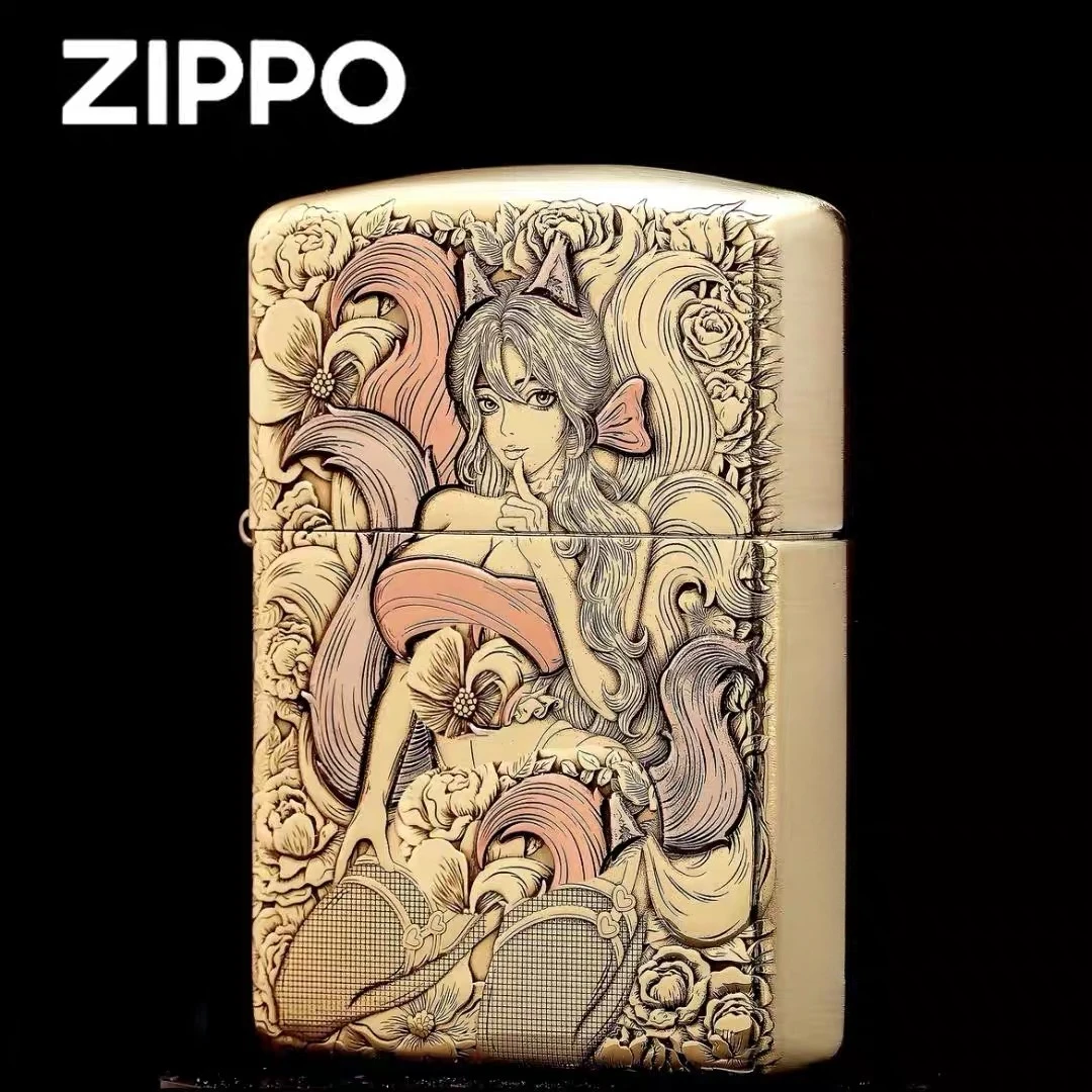 Zippo打火机Y铜盔甲镶嵌紫铜白铜丝袜九尾狐女