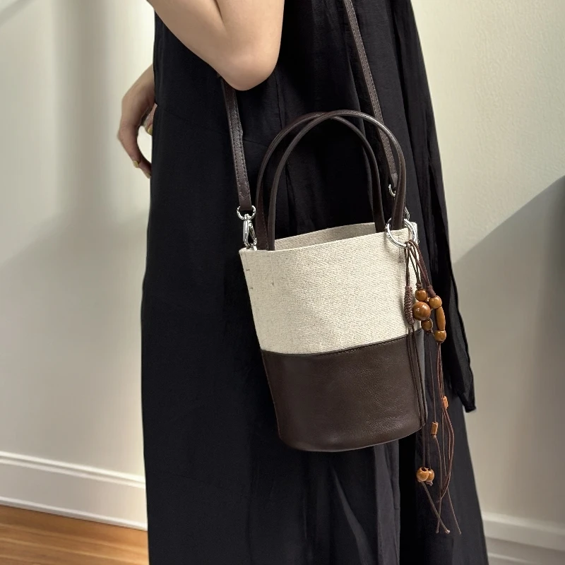 ZEUGEE【日系薯条桶包女】头层牛皮手提单肩斜挎包时尚百搭复古撞色