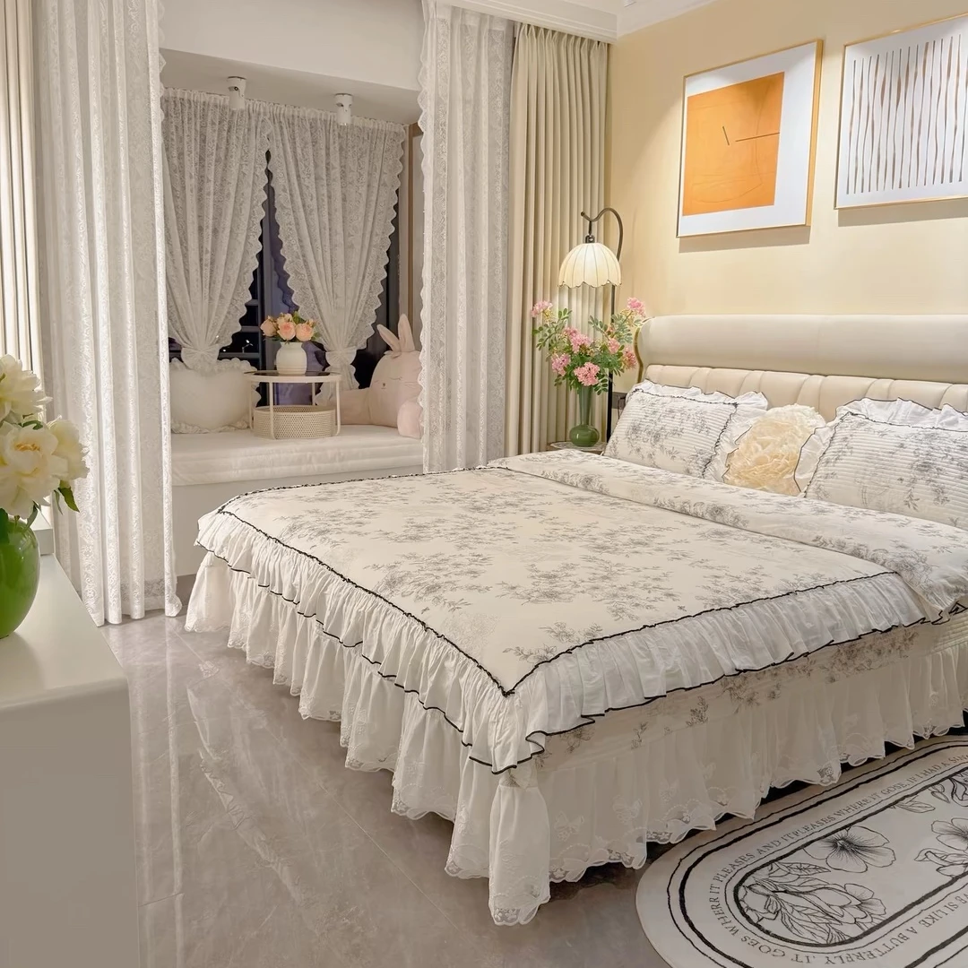 韩版蕾丝花边纯棉床盖四件套防滑妃子边夹棉床单四季通用床上用品
