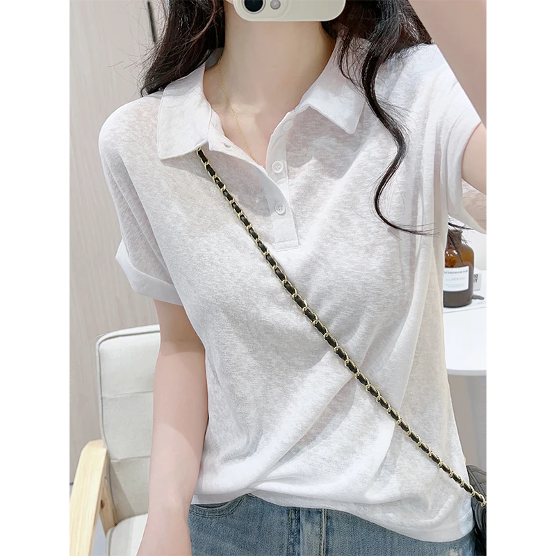 白色polo领短袖T恤女夏季宽松显瘦薄款雪花棉慵懒风简约纯色上衣