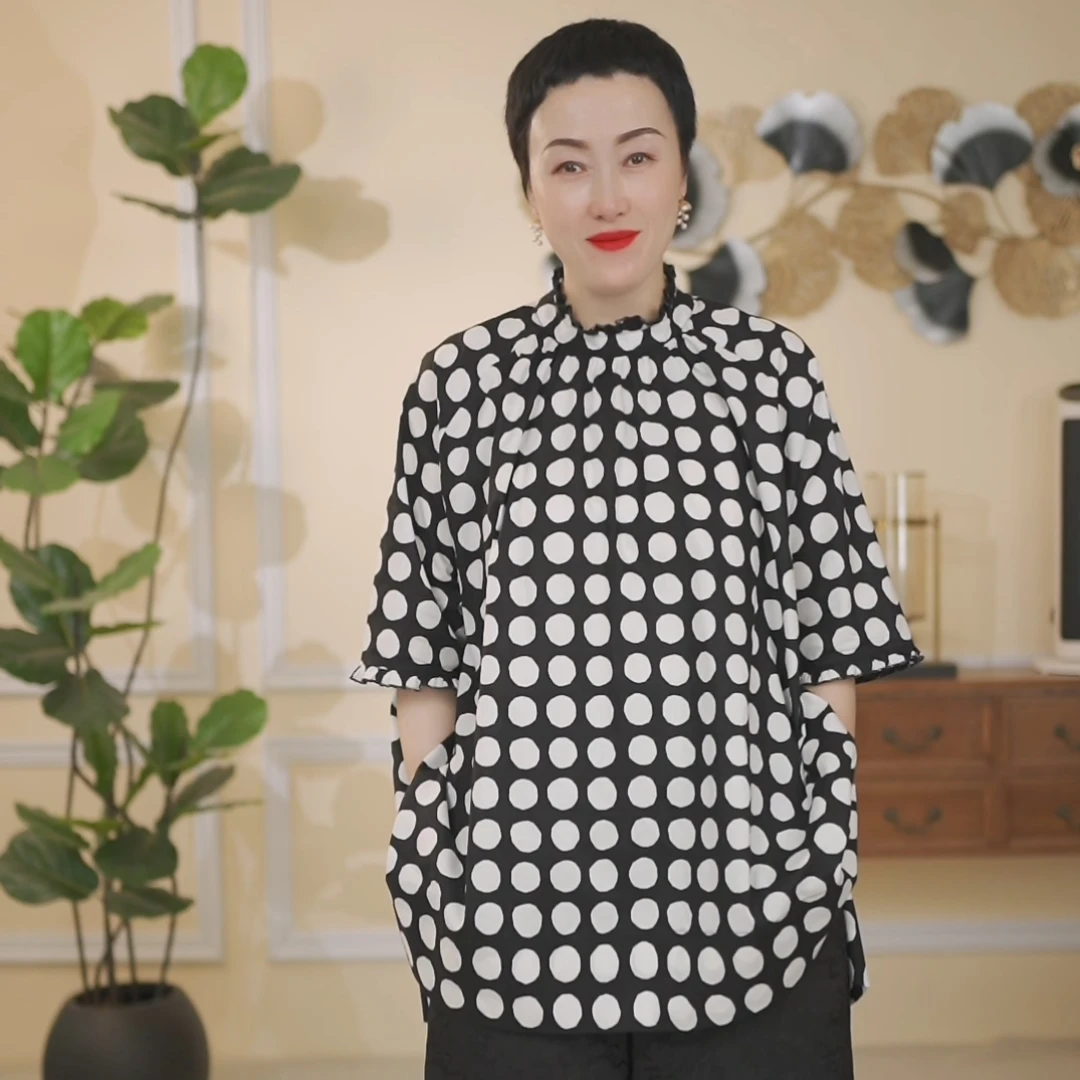 休闲大气夏季宽松黑白波点衬衫