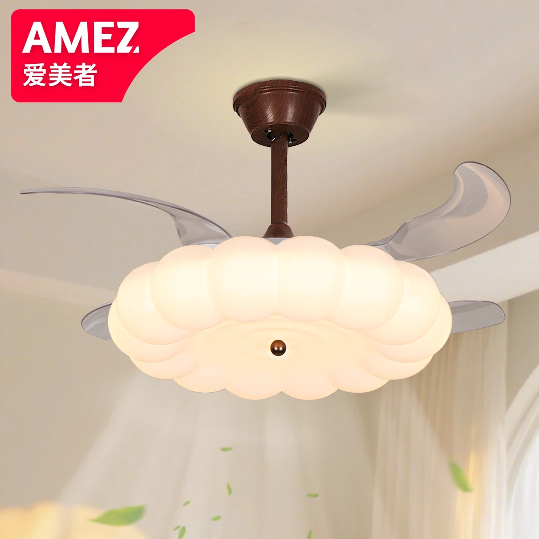 美式奶油隐形风扇灯胡桃色三色可调光一体风扇灯餐桌客厅书房卧室