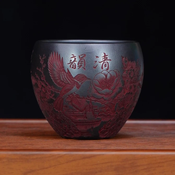 宜兴原矿茶具正宗石黄手工刻绘朝花夕拾清韵龙蛋自用紫砂主人杯
