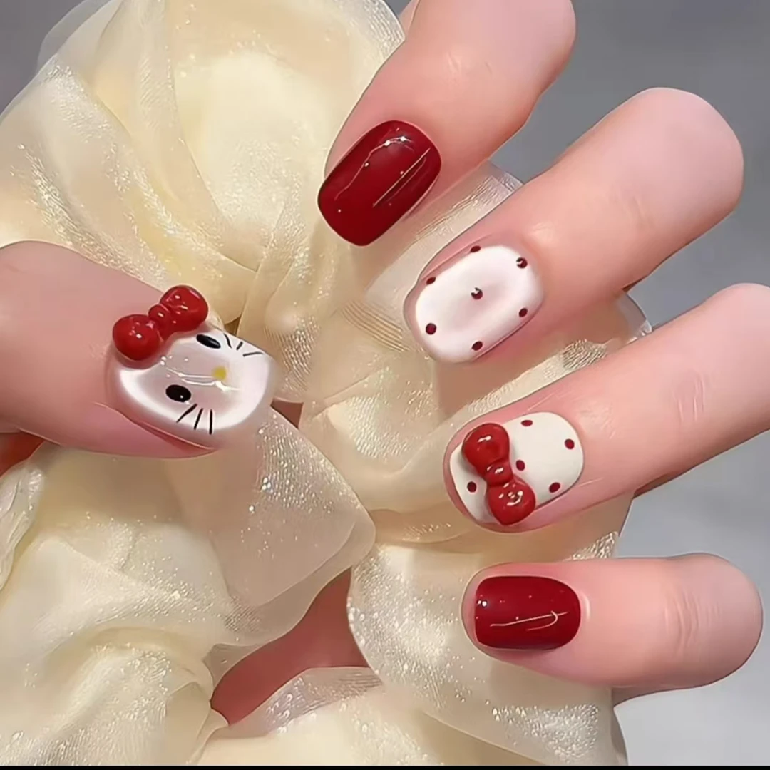网红款  Kitty波点猫 红色显白猫眼短款纯属手工穿戴甲