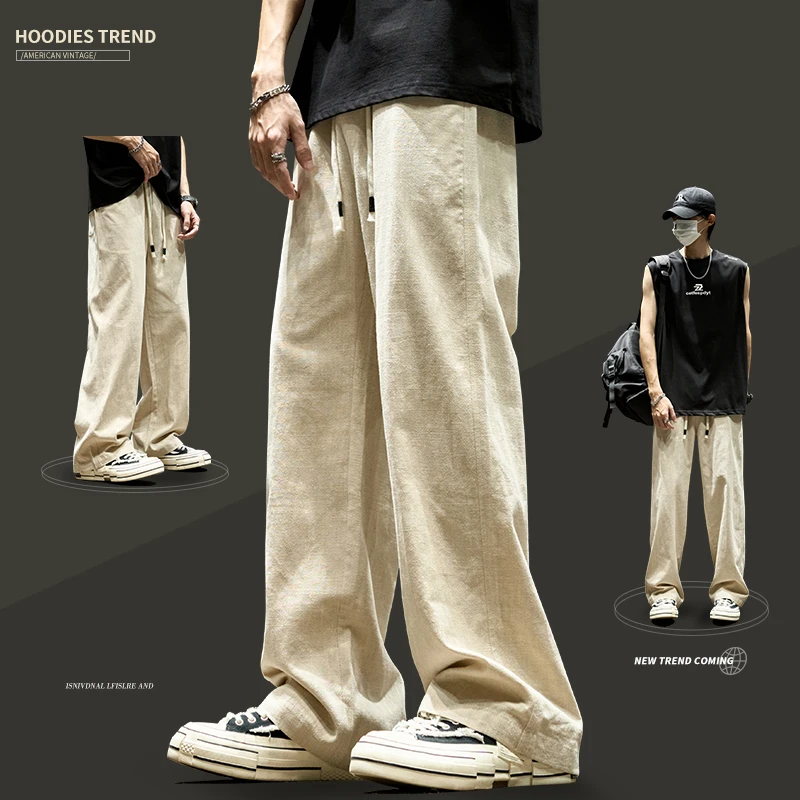 裤子男款夏季工装裤2025新款宽松直筒山本裤纯色亚麻薄款休闲裤