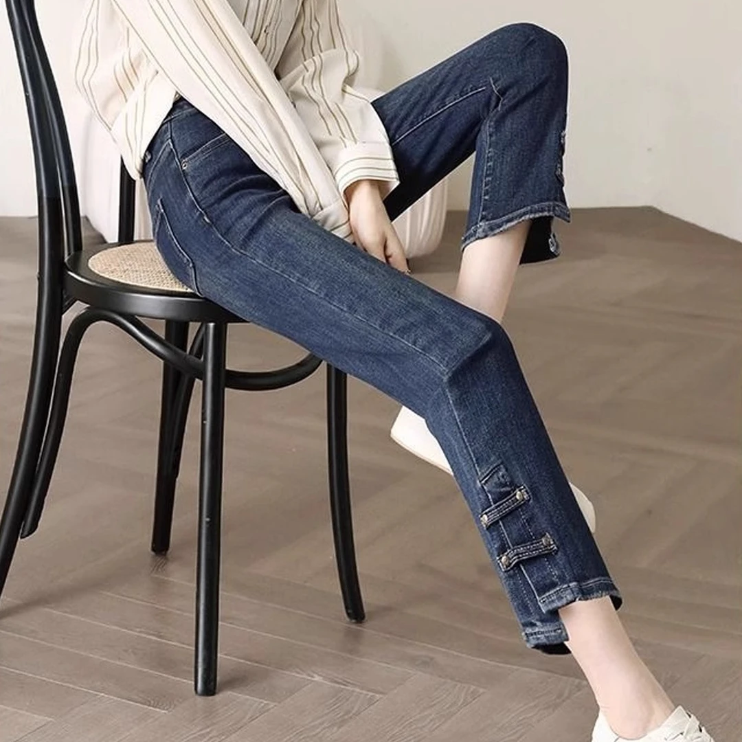 【候嬢嬢】开叉直筒裤高腰牛仔裤女新款显瘦烟管裤小个子九分裤子