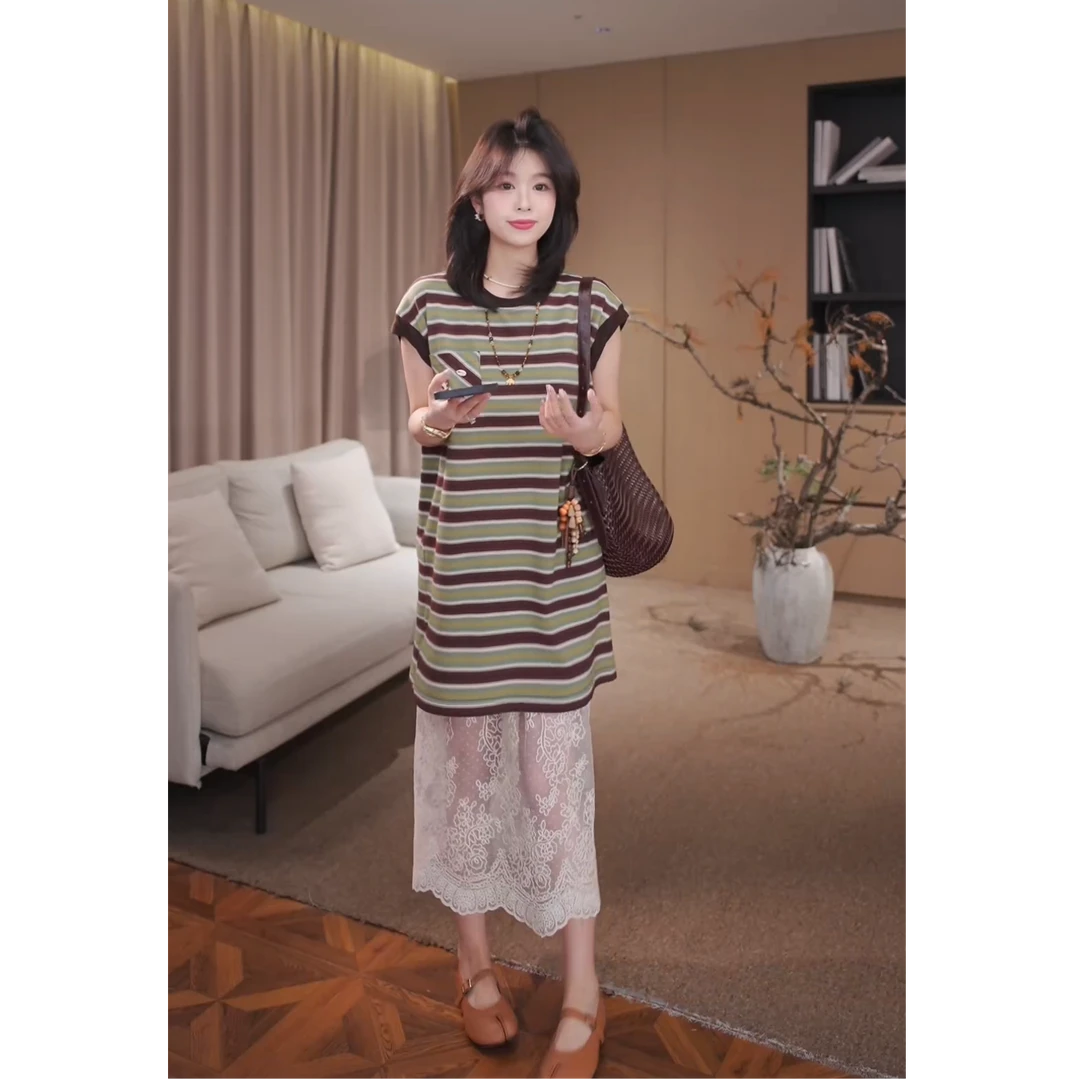 广州琴姐【苔阶月影】欧若风条纹上衣+蕾丝半身裙连衣裙子套装35431