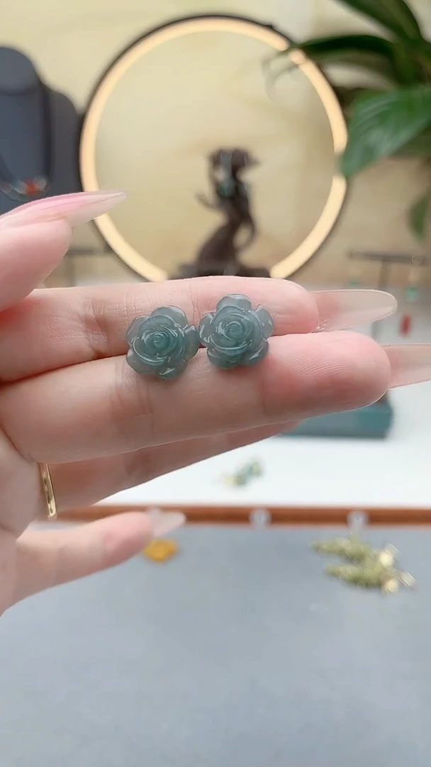 银S925镶嵌翡翠耳饰00翡翠花朵耳钉耳钉