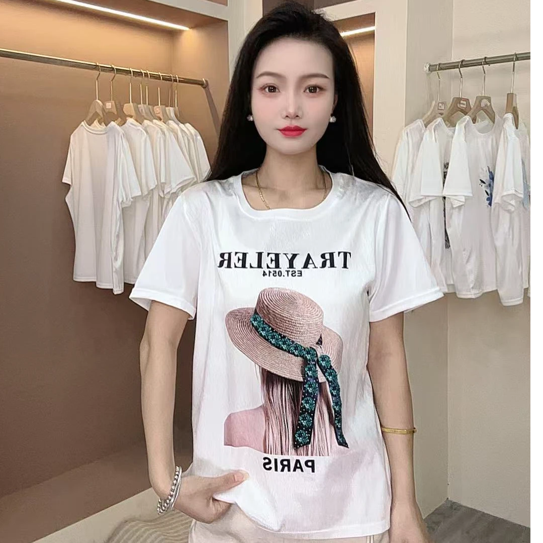 设计感拼接印花有弹力轻职风夏装短袖减龄T恤显瘦休闲百搭宽松型