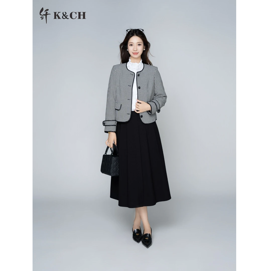 K&CH/纤A字裙中长裙中腰拼接套头黑色连衣裙裙子显瘦千鸟格中性风