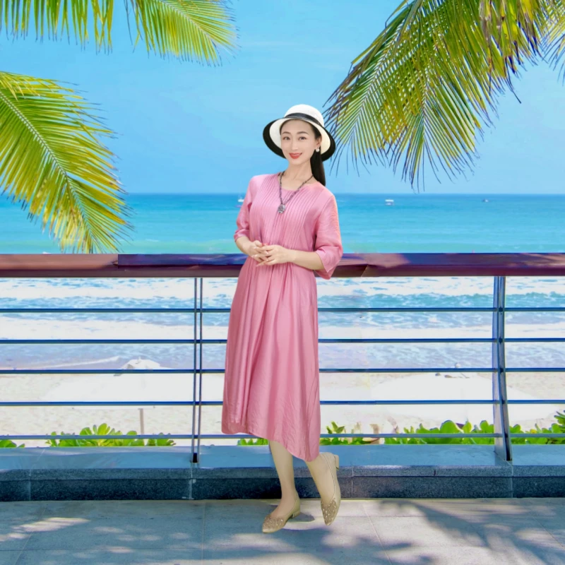 001【语桐穿搭】高档轻奢气质圆领连衣裙宽松显瘦法式温柔风中长裙