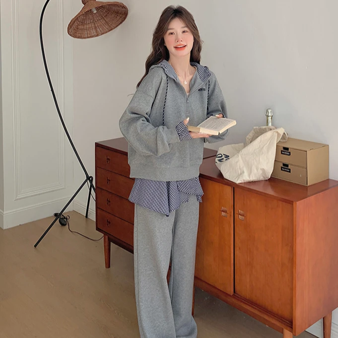 灰色假两件卫衣套装女连帽2025春秋新款慵懒松弛感休闲长裤两件套