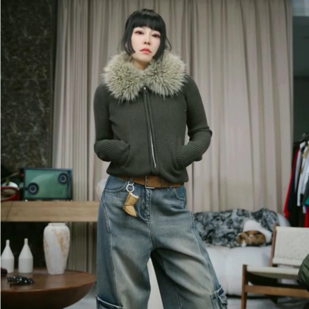 infobyfive2025冬毛绒绒可脱卸毛领显瘦针织拉链毛衣贰NF0512213