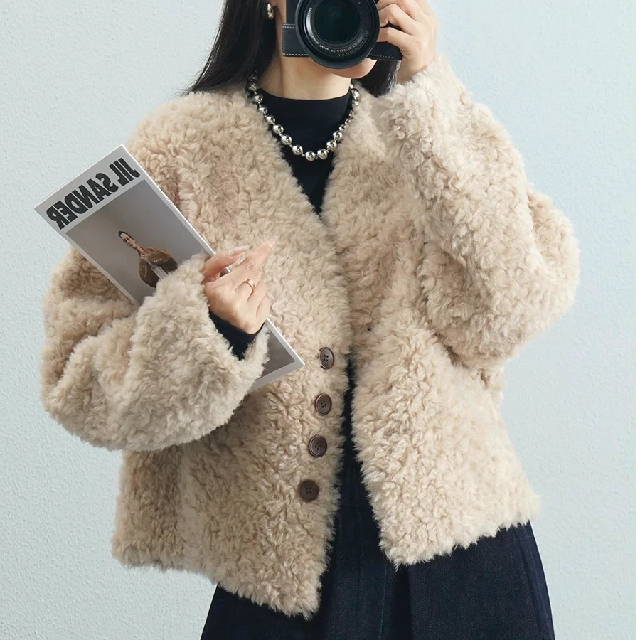 新款V领100%羊毛外套女短款宽松秋冬羊毛一体外套韩版洋气小个子