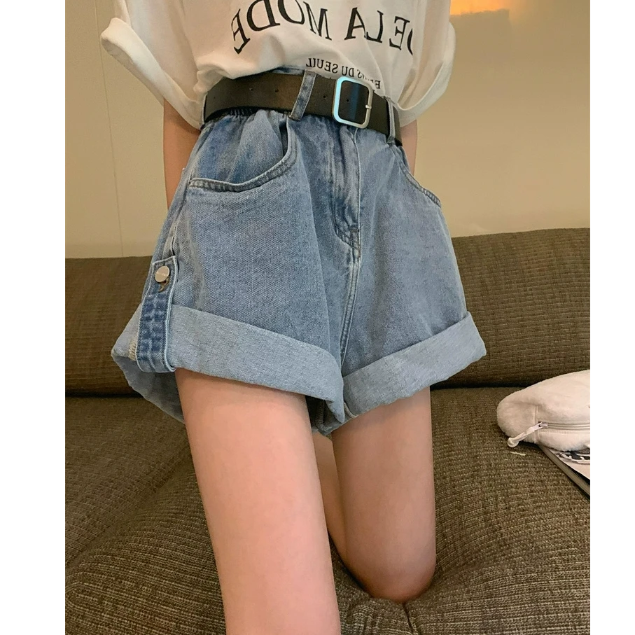卷边大码女装牛仔短裤女夏胖mm高腰宽松遮胯显瘦韩版a字阔腿热裤