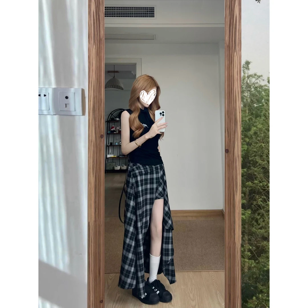 设计感格纹半身裙+蝴蝶结针织背心上衣1498