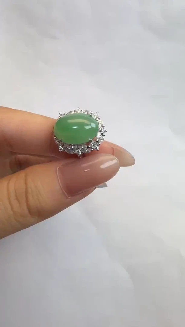 银S925镶嵌戒指翡翠通体925银镶缅甸A货翡翠戒指14494