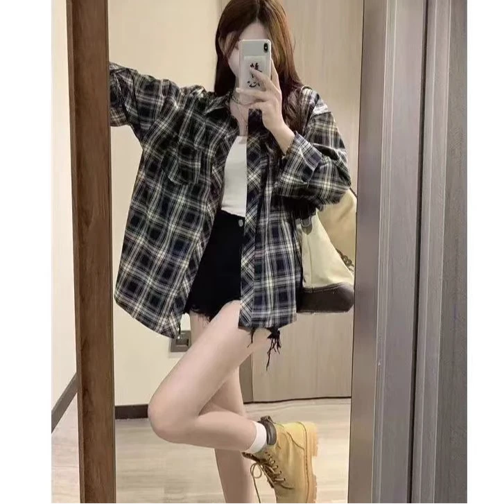 美式复古格子衬衫大码设计感宽松长袖衬衣外套