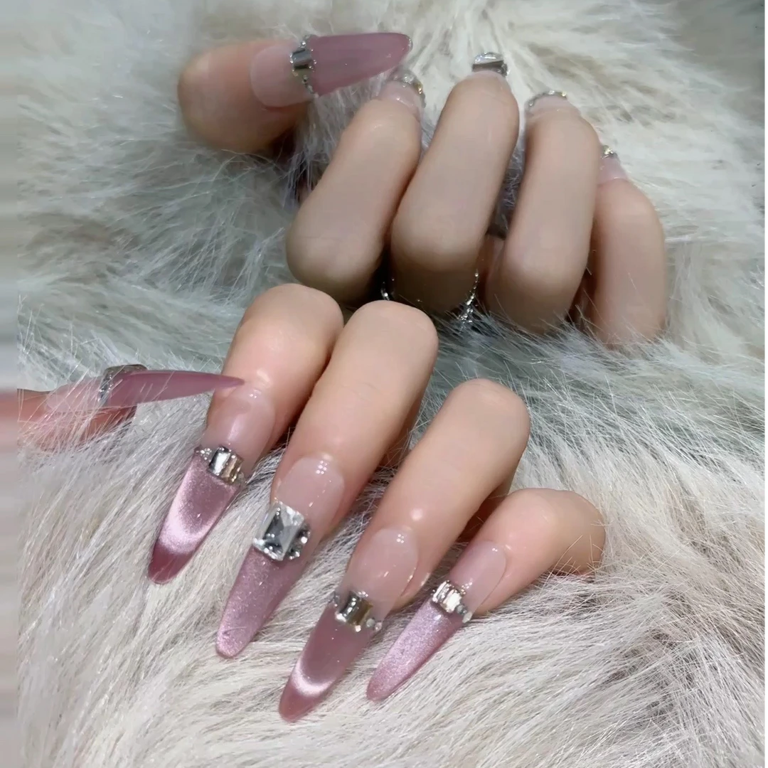 【九紫离火】轻奢粉色长款法式猫眼手工穿戴甲片高级感爆闪k9钻美甲
