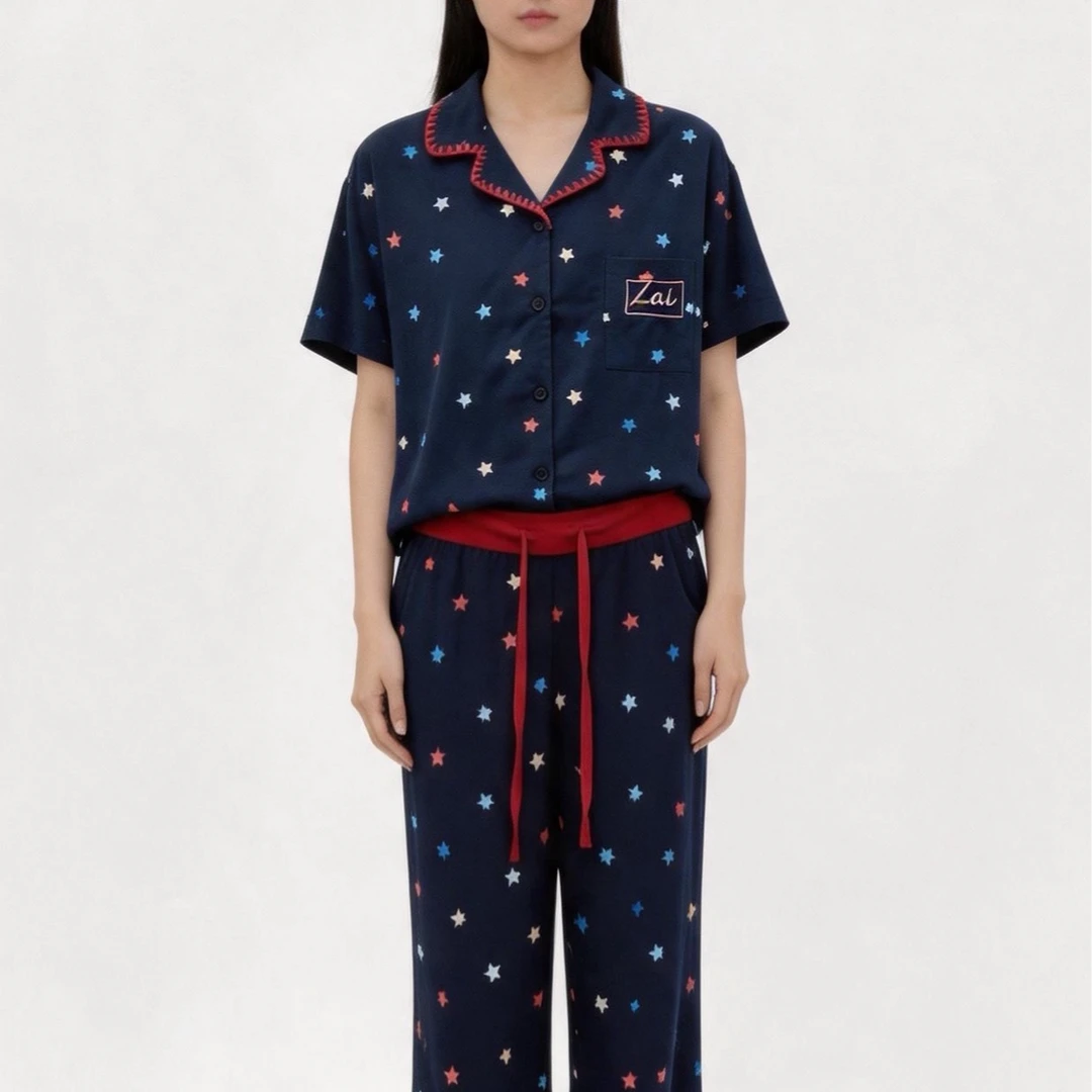 【白夜行-男女同款】夏季新款天丝棉外穿短袖居家服睡衣套装F