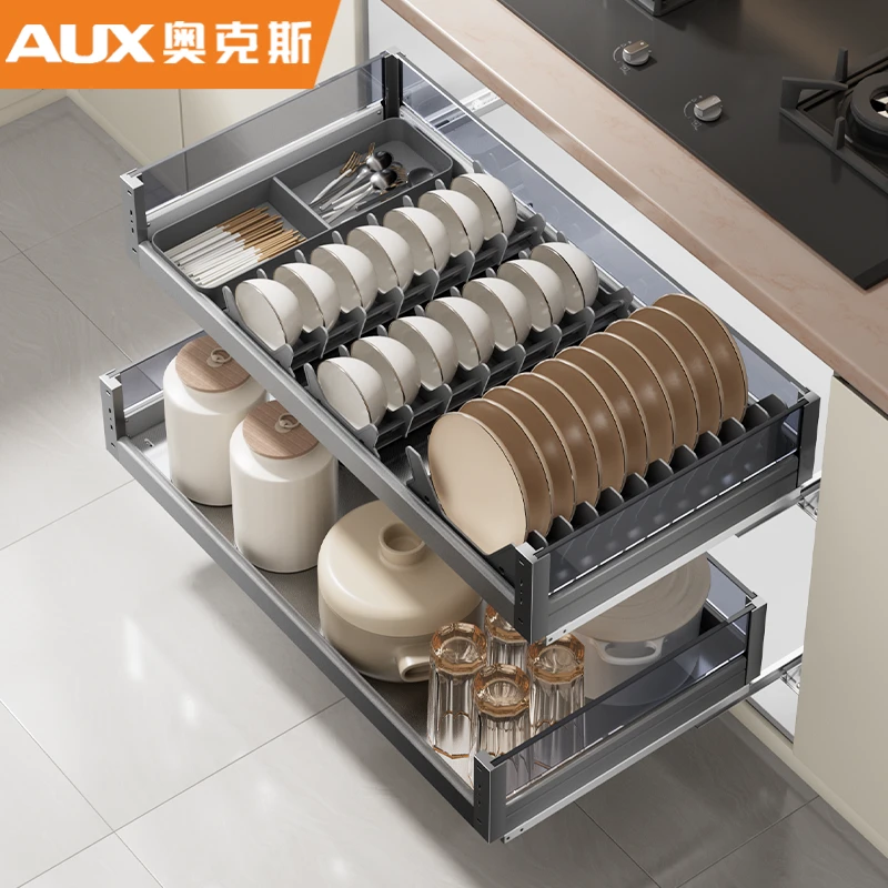 奥克斯拉篮橱柜抽屉式加厚铝合金厨房橱柜双层阻尼碗碟拉篮架