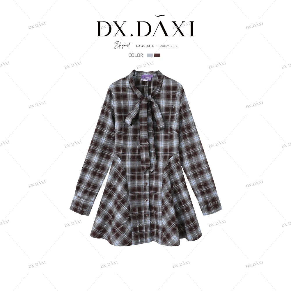 DX.DAXI【奥法庄园】吵吵家蝴蝶结格纹连衣裙设计感小众42441