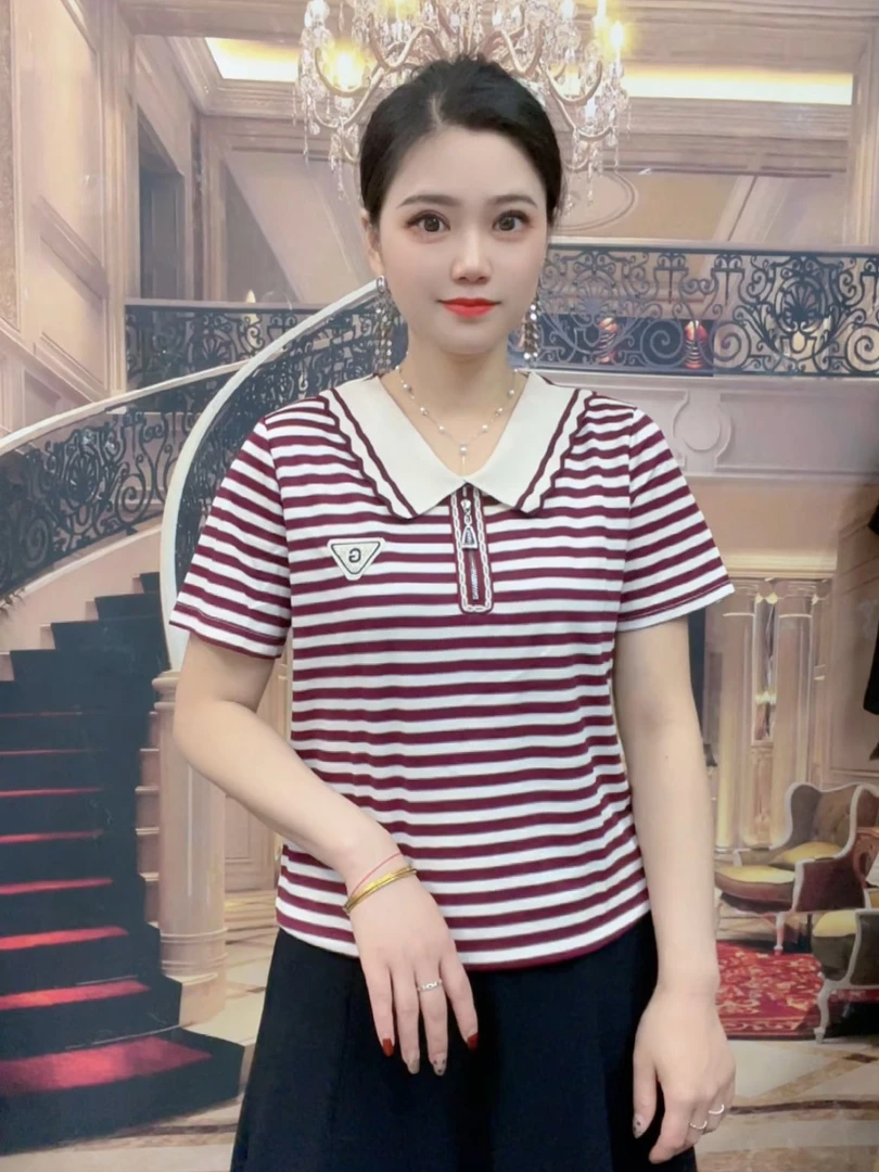 夏新款娃娃领领衬衫气质百搭显瘦减龄提花洋气洋气休闲短袖上衣女