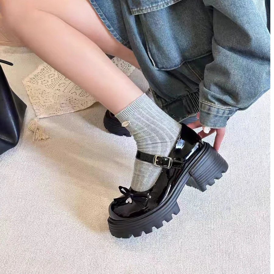 7725-MGG新款法式厚底小个子粗跟玛丽珍真皮单鞋