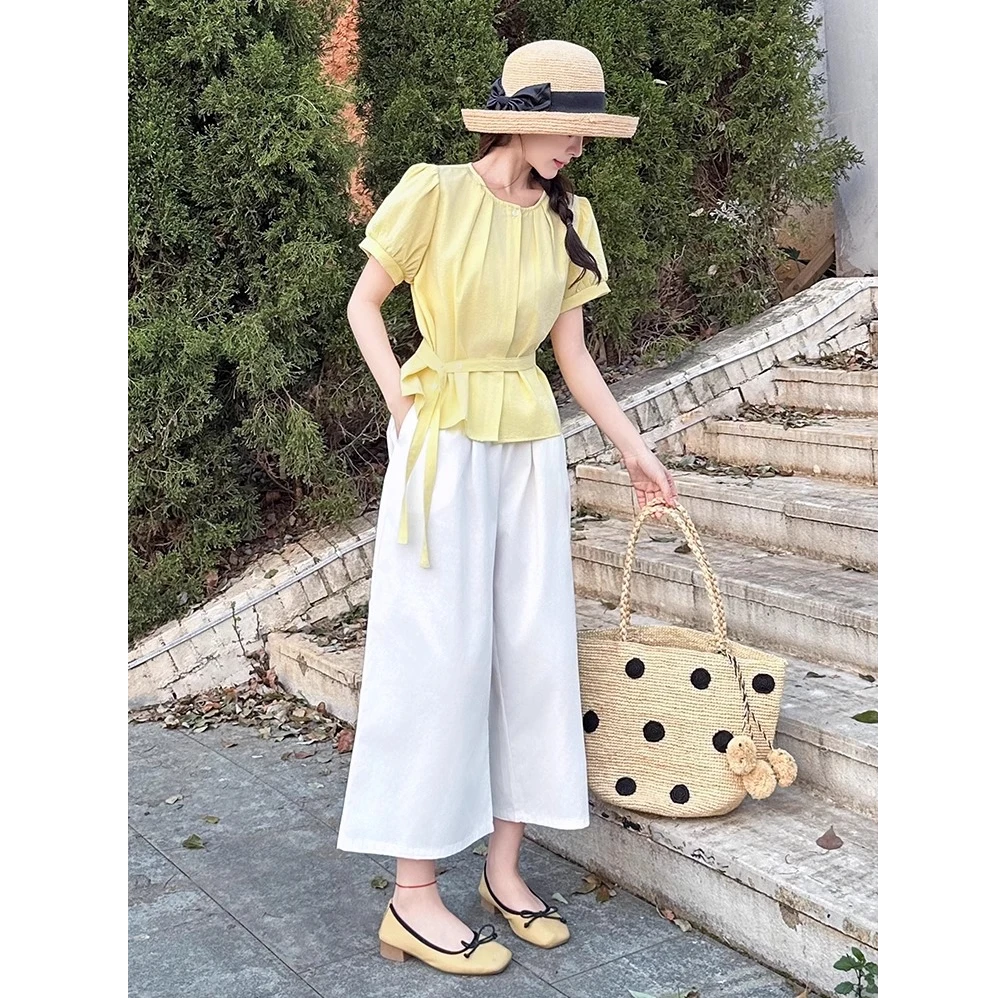 时尚阔腿裤套装女夏2025夏季新款洋气收腰显瘦衬衣九分裤裙两件套