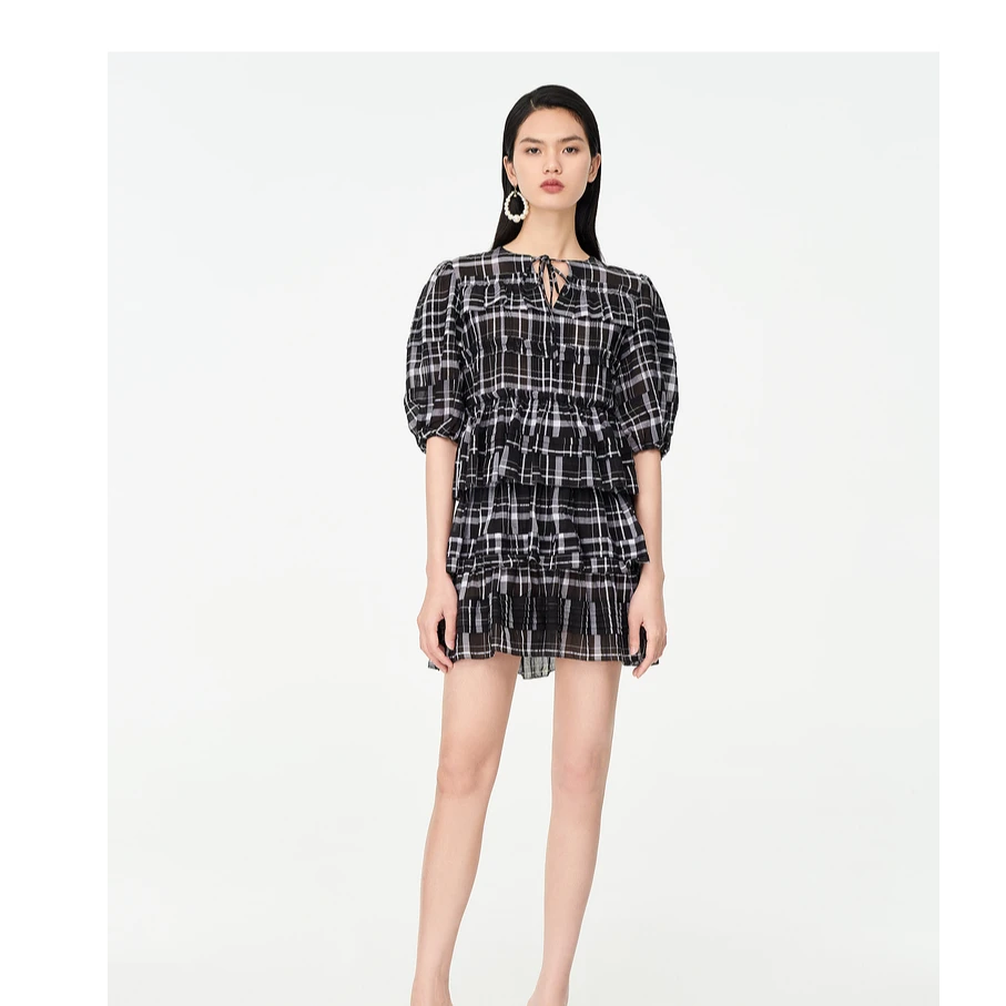 专选DAZZLE地素泡泡袖格纹连衣裙蛋糕裙2D2O4193A