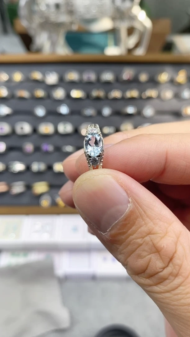 银S925镶嵌戒圈海蓝宝石灼活口