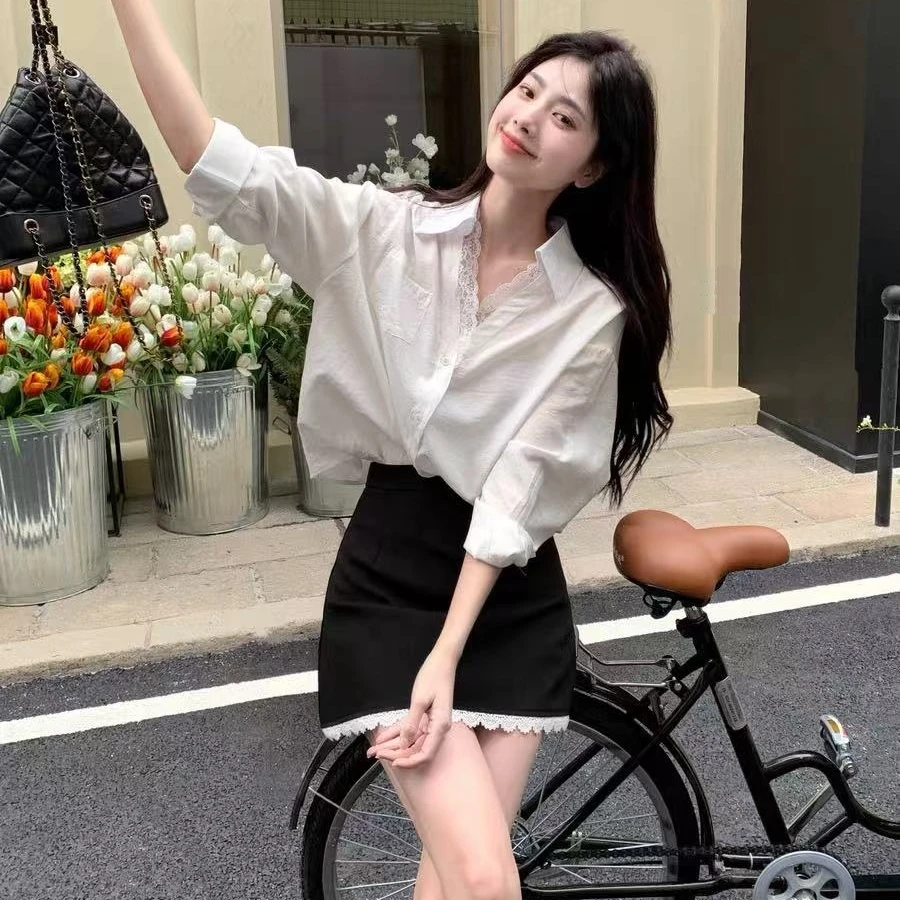 韩风白色衬衫女2025新款韩系温柔V领蕾丝拼接设计感气质衬衣高级