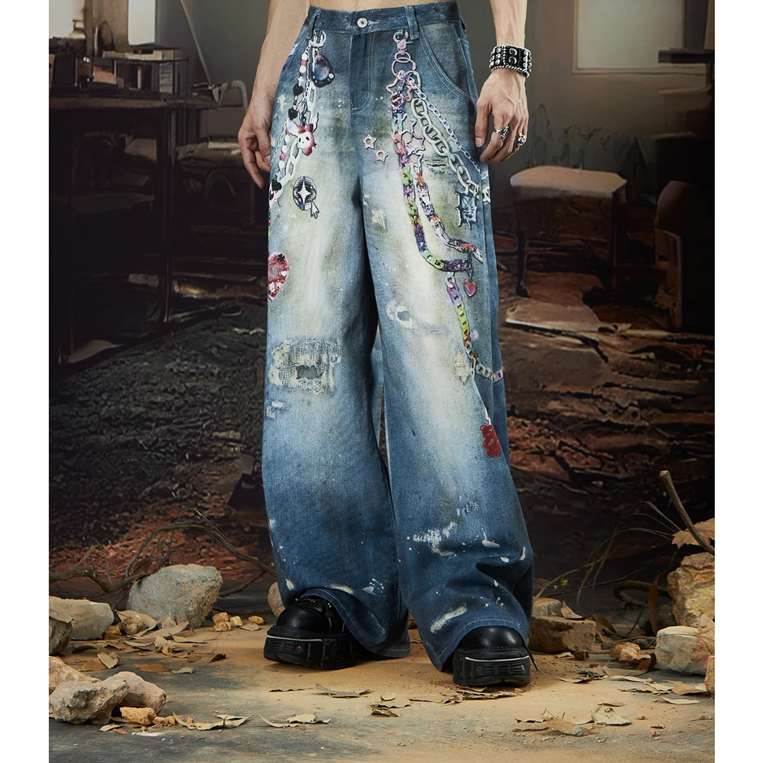 无人孤岛 多彩链条数码打印洗水做旧宽松直筒印花牛仔裤夏季潮薄